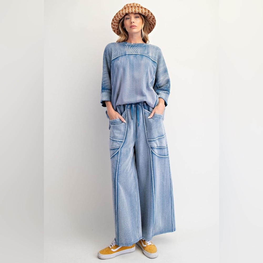 Easel BLUE SET monkey Washed Terry Knit Sweater Wide Leg S M L NWT cotton - Picture 2 of 4
